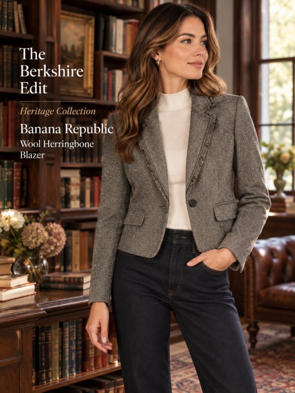 Banana Republic Wool Herringbone Cropped Blazer 8 Gray Frayed Trim Academia